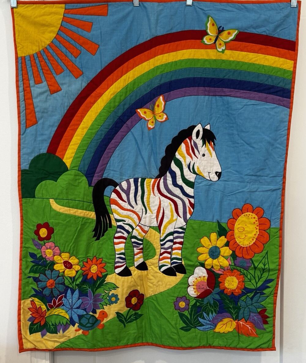 Vintage Rainbow Zebra Quilt Wall Hanging 27x43 Colorful Kids Nursery Handmade